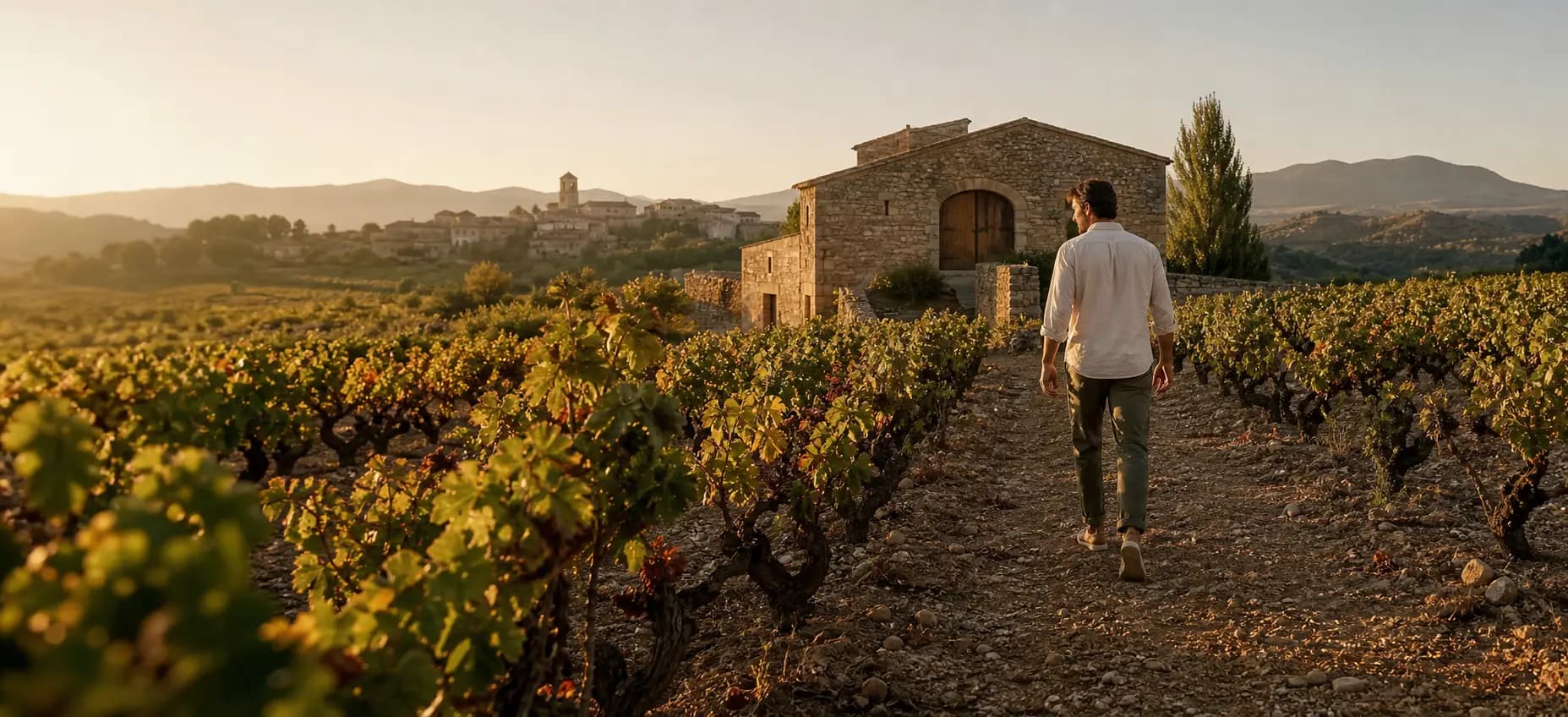 A traveller walks through vines towards a stone winery at dawn